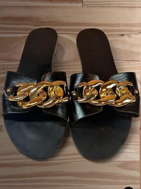 Black Women Flat Sandals with Chain Decoration size 39